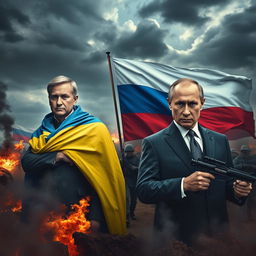 A tense and dramatic scene depicting the flags of Ukraine and Russia in a war-torn setting, featuring the leaders of both nations