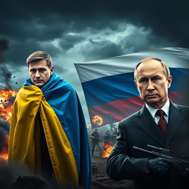 A tense and dramatic scene depicting the flags of Ukraine and Russia in a war-torn setting, featuring the leaders of both nations