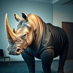A majestic rhinoceros standing proudly, wearing a sleek black suit