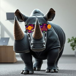 A majestic rhinoceros standing proudly, wearing a sleek black suit