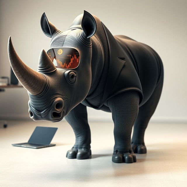 A majestic rhinoceros standing proudly, wearing a sleek black suit