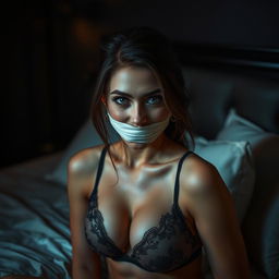 A sultry scene featuring a confident, alluring individual in a luxurious setting, wearing elegant lingerie with a subtle, teasing smile