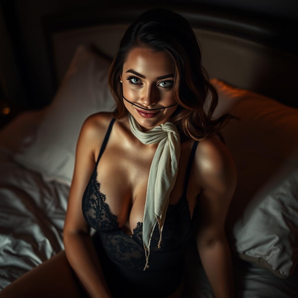 A sultry scene featuring a confident, alluring individual in a luxurious setting, wearing elegant lingerie with a subtle, teasing smile