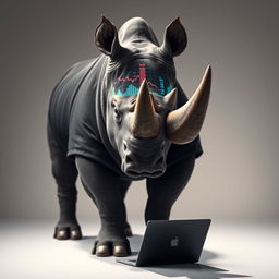 A majestic rhinoceros standing upright in a sleek black suit, exuding an air of sophistication and confidence