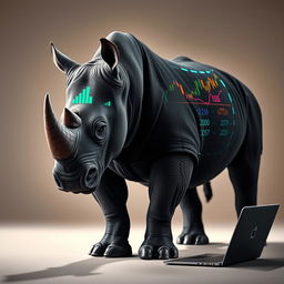 A majestic rhinoceros standing upright in a sleek black suit, exuding an air of sophistication and confidence