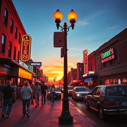 A vibrant 1990s cityscape filled with colorful neon lights, bustling streets, and vintage cars