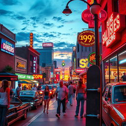 A vibrant 1990s cityscape filled with colorful neon lights, bustling streets, and vintage cars