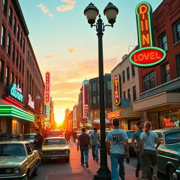 A vibrant 1990s cityscape filled with colorful neon lights, bustling streets, and vintage cars