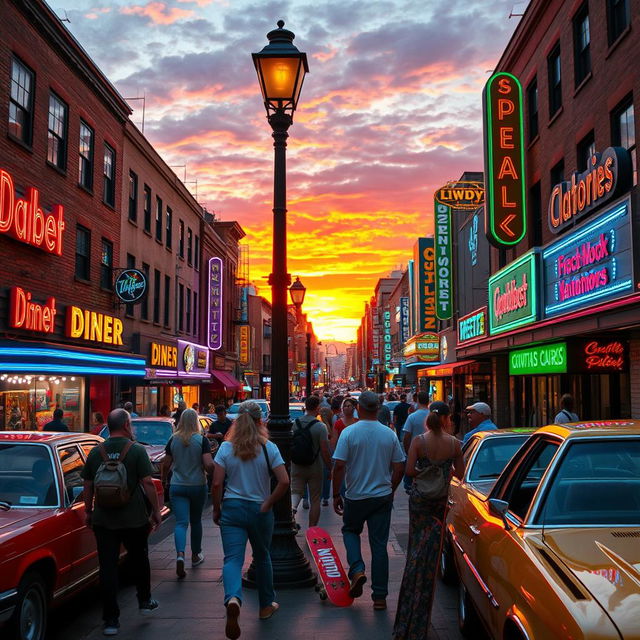 A vibrant 1990s cityscape filled with colorful neon lights, bustling streets, and vintage cars