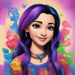 A vibrant digital art image depicts Claudia, the daughter of Carlos de Vil and Evie from Disney's Descendants