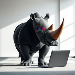 A standing rhinoceros dressed in a sharp black suit, showcasing its powerful physique