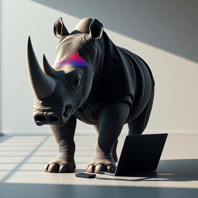 A standing rhinoceros dressed in a sharp black suit, showcasing its powerful physique