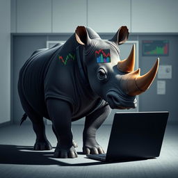 A standing rhinoceros dressed in a sharp black suit, showcasing its powerful physique
