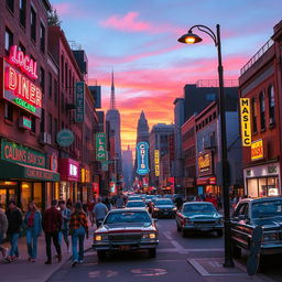 An iconic 1990s cityscape filled with colorful neon lights and bustling street activity