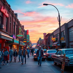 An iconic 1990s cityscape filled with colorful neon lights and bustling street activity