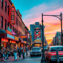 An iconic 1990s cityscape filled with colorful neon lights and bustling street activity