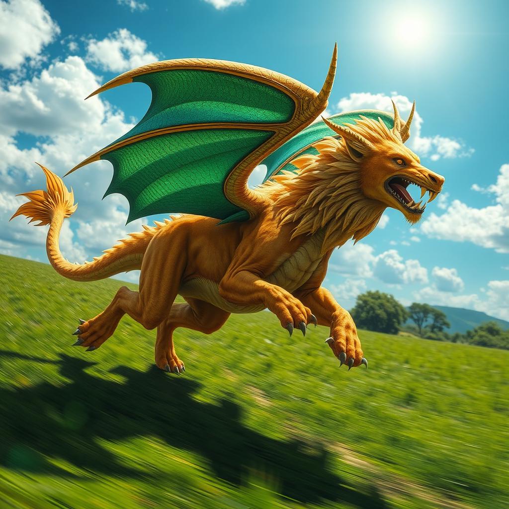 A dynamic image of a lion-dragon hybrid creature running swiftly across a lush green landscape