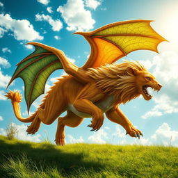 A dynamic image of a lion-dragon hybrid creature running swiftly across a lush green landscape