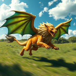 A dynamic image of a lion-dragon hybrid creature running swiftly across a lush green landscape