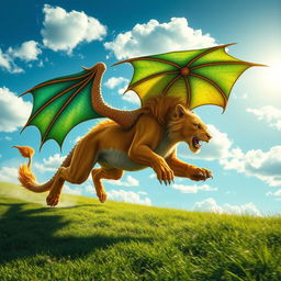 A dynamic image of a lion-dragon hybrid creature running swiftly across a lush green landscape