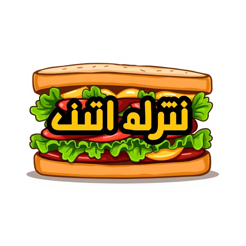 A logo design for a food brand named 'سجق و توم' featuring a creatively illustrated sandwich as the background