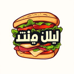 A logo design for a food brand named 'سجق و توم' featuring a creatively illustrated sandwich as the background