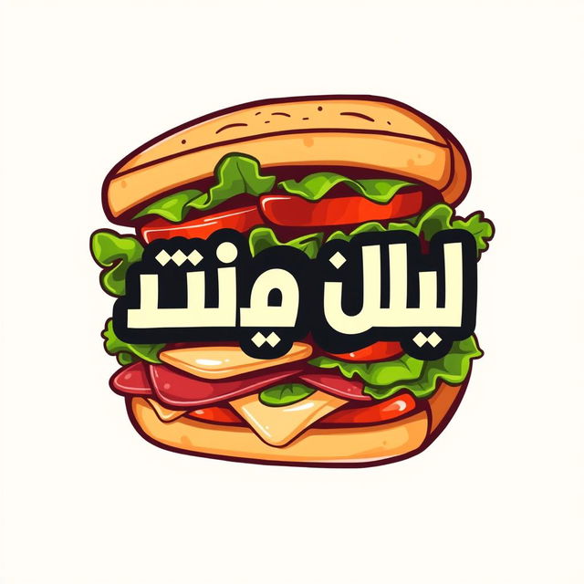 A logo design for a food brand named 'سجق و توم' featuring a creatively illustrated sandwich as the background