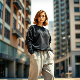 A fashionable young woman wearing a stylish black sweatshirt and oversized gray baggy pants