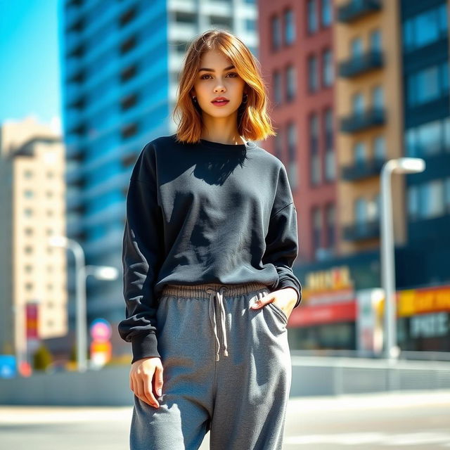 A fashionable young woman wearing a stylish black sweatshirt and oversized gray baggy pants