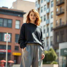 A fashionable young woman wearing a stylish black sweatshirt and oversized gray baggy pants