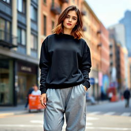 A fashionable young woman wearing a stylish black sweatshirt and oversized gray baggy pants