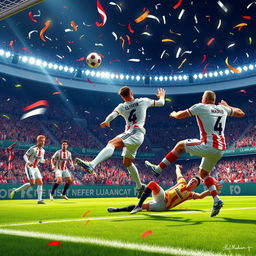 A vibrant depiction of a football match between Real Madrid and Athletic Bilbao, showcasing a thrilling moment with Real Madrid celebrating a goal