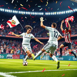 A vibrant depiction of a football match between Real Madrid and Athletic Bilbao, showcasing a thrilling moment with Real Madrid celebrating a goal