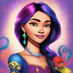 This is a vibrant digital art image of Claudia, a girl from Disney's Descendants, who is the daughter of Carlos de Vil and Mal