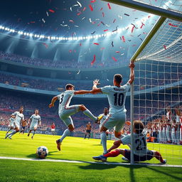 A vibrant depiction of a football match between Real Madrid and Athletic Bilbao, showcasing a thrilling moment with Real Madrid celebrating a goal