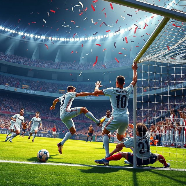 A vibrant depiction of a football match between Real Madrid and Athletic Bilbao, showcasing a thrilling moment with Real Madrid celebrating a goal