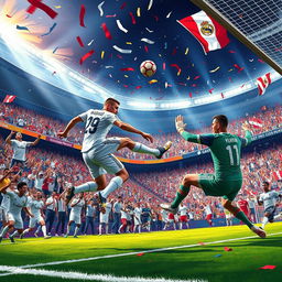 A vibrant depiction of a football match between Real Madrid and Athletic Bilbao, showcasing a thrilling moment with Real Madrid celebrating a goal