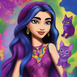 This is a vibrant digital art image of Claudia, a girl from Disney's Descendants, who is the daughter of Carlos de Vil and Mal