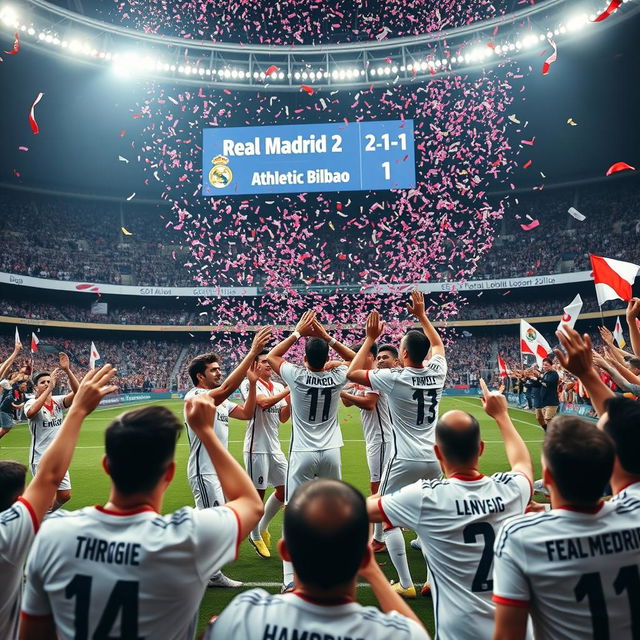 A thrilling scene capturing the final moments of a football match between Real Madrid and Athletic Bilbao, where Real Madrid clinched a 2-1 victory