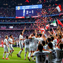 A thrilling scene capturing the final moments of a football match between Real Madrid and Athletic Bilbao, where Real Madrid clinched a 2-1 victory