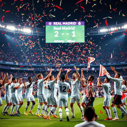A thrilling scene capturing the final moments of a football match between Real Madrid and Athletic Bilbao, where Real Madrid clinched a 2-1 victory