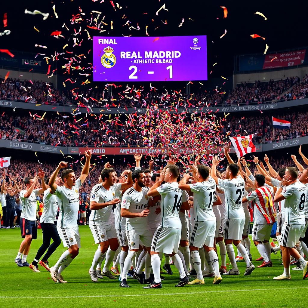 A thrilling scene capturing the final moments of a football match between Real Madrid and Athletic Bilbao, where Real Madrid clinched a 2-1 victory