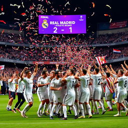 A thrilling scene capturing the final moments of a football match between Real Madrid and Athletic Bilbao, where Real Madrid clinched a 2-1 victory