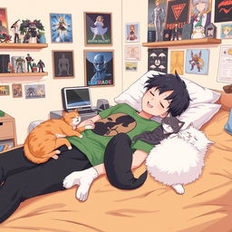 A 20-year-old boy sleeping on his back in bed with a happy and relaxed expression