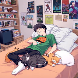 A 20-year-old boy sleeping on his back in bed with a happy and relaxed expression