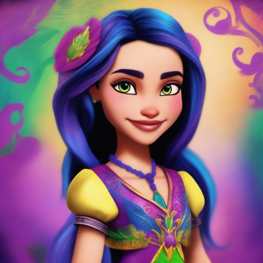 This is a vibrant digital art image of Claudia, a girl from Disney's Descendants, who is the daughter of Carlos de Vil and Mal