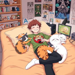 A 20-year-old boy sleeping on his back in bed with a happy and relaxed expression