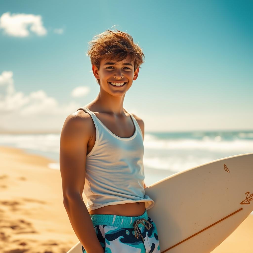 A stylish teenager with tousled brown hair, wearing a casual beach outfit consisting of a light tank top and board shorts