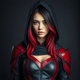 A young woman with ombre hair transitioning from black to red, dressed in a form-fitting armor that features shades of red and black