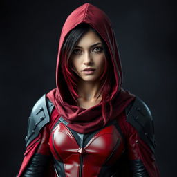 A young woman with ombre hair transitioning from black to red, dressed in a form-fitting armor that features shades of red and black